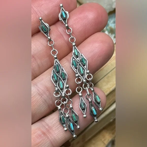 Artisan Native American Sterling Silver Turquoise Chandelier Dangle Earrings - Picture 5 of 10